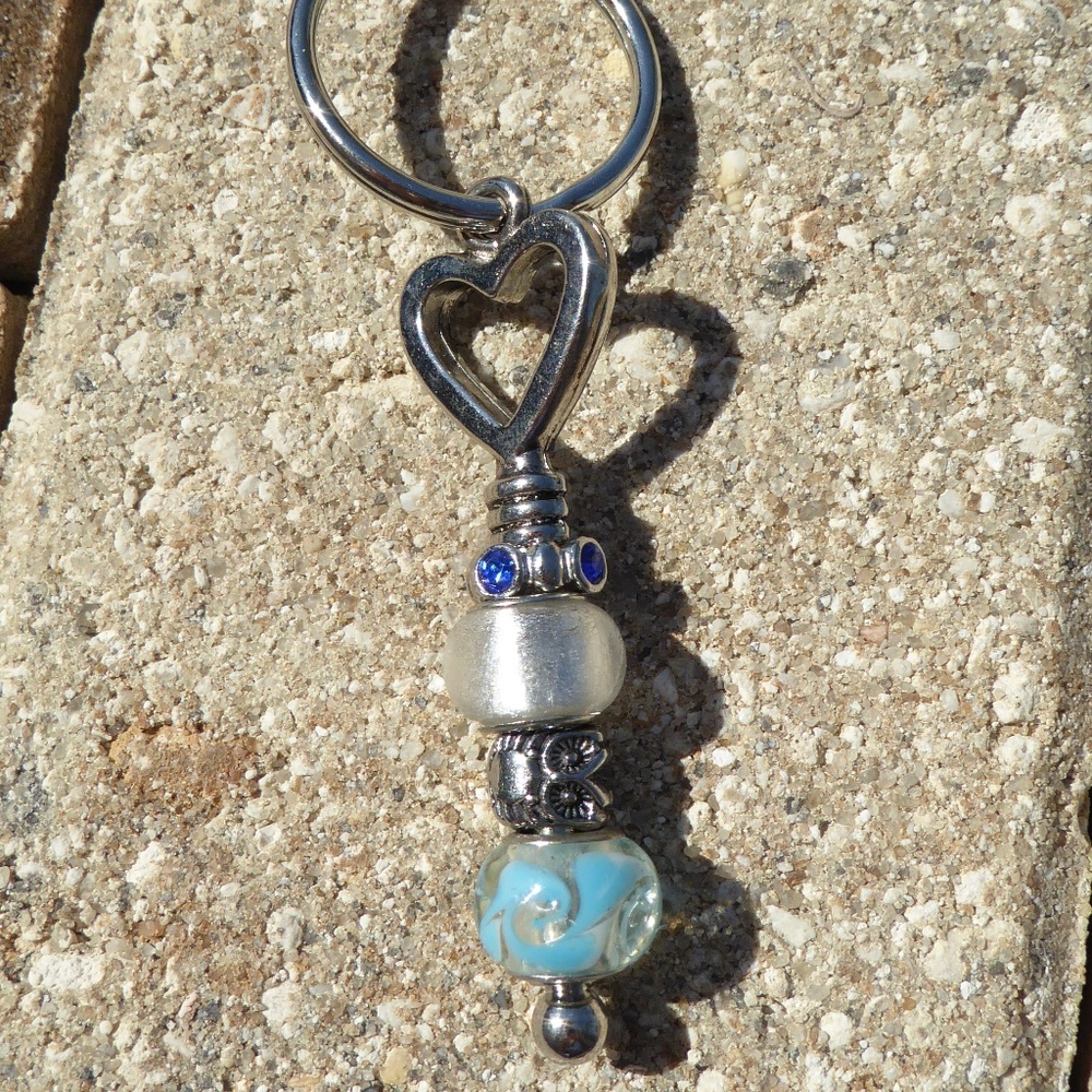 Handmade Keychain Blue Silver Glass Beads Owl Bead